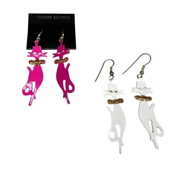 Jewelry - Retro Cat Dangle Earrings White Pink Gold Kitty Crazy Cat Lady Fashion Jewelry